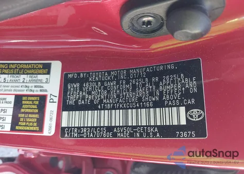 2012 Toyota Camry Se from USA, damaged, VIN 4T1BF1FKXCU541166